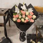 Peach and Cream Rose Bouquet with White Gladiolus very decent