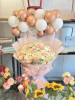 Pink white theam with balloons beautiful bouquet 💐 gift for everyone - Image 2