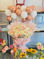 Pink white theam with balloons beautiful bouquet 💐 gift for everyone